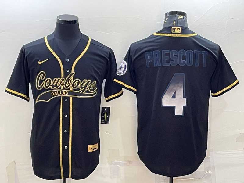 Men%27s Dallas Cowboys #4 Dak Prescott Black Gold With Patch Smoke Cool Base Stitched Baseball Jersey